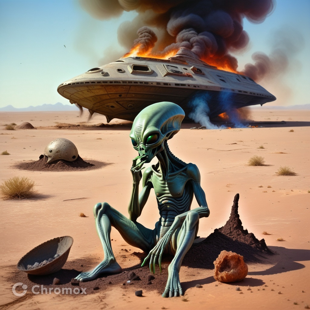Sad alien smokes, sitting on a ground, An alien ship crashed into the ground, desert, (fire:0.2),(oil painting:0.1)