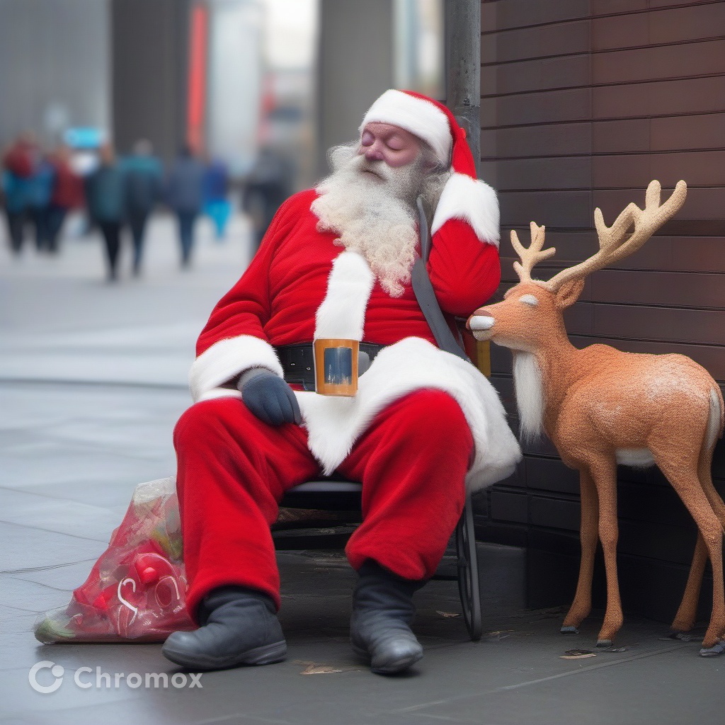 Homeless Drunk Santa Claus sleeping rough on the street with Rudolph the red-nosed reindeer