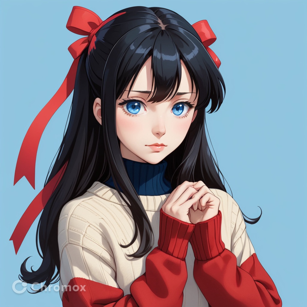 1girl, tohsaka rin, solo, long hair, sweater, red sweater, looking at viewer, blue background, black hair, simple background, two side up, turtleneck, blue eyes, lips, closed mouth, ribbon, hair ribbon, bangs, turtleneck sweater, upper body, parted bangs, black ribbon, ribbed sweater, twintails, nose