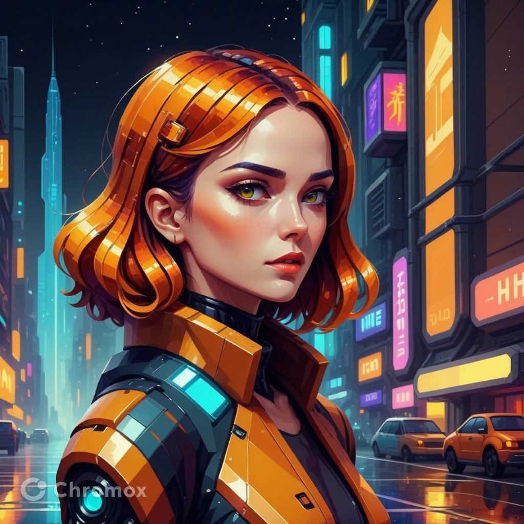 Sci fi paintings image, in the style of stylized glamour, colorful pixel-art, 32k uhd, amber, city portraits, low poly, fashion-illustration,--ar 16:9
