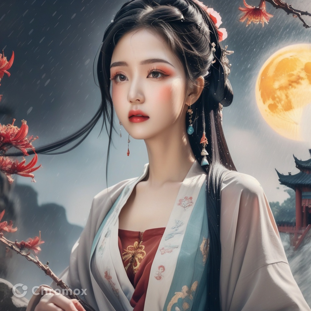 (8k, RAW photo:1.2),best quality, ultra high res,dramatic angle,(fluttered detailed color splashs), (illustration),(((1 girl))),(long hair),(rain:0.9),(hair ornament:1.4),there is an ancient palace beside the girl,chinese clothes,(focus on), color Ink wash painting,(color splashing),colorful splashing,(((colorful))),(sketch:0.8), Masterpiece,best quality, beautifully painted,highly detailed,(denoising:0.6),[splash ink],((ink refraction)), (beautiful detailed sky),moon,highly,detaild,(masterpiece, best quality, extremely detailed CG unity 8k wallpaper,masterpiece, best quality, ultra-detailed),(Lycoris radiata), <lora:GuoFeng3_Fix-non-ema-bf16:0.8>, <lora:koreanDollLikeness_v15:0.3>